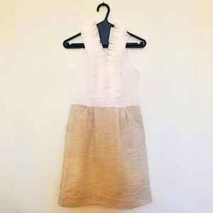 LOFT sleeveless dress size 0P White ruffle top gold metallic bottom w pockets